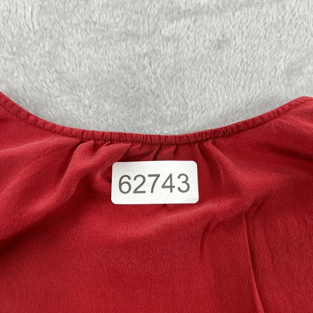 Madewell 100% Silk V-Neck Blouse S Red Women Cinched Puff Sleeve Tie Top